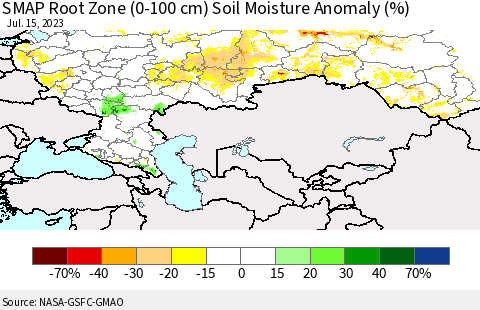 Russian Federation SMAP Root Zone (0-100 cm) Soil Moisture Anomaly (%) Thematic Map For 7/11/2023 - 7/15/2023