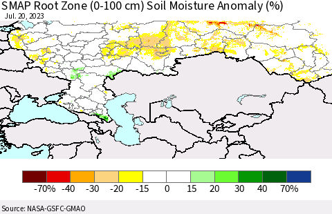 Russian Federation SMAP Root Zone (0-100 cm) Soil Moisture Anomaly (%) Thematic Map For 7/16/2023 - 7/20/2023