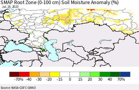Russian Federation SMAP Root Zone (0-100 cm) Soil Moisture Anomaly (%) Thematic Map For 7/21/2023 - 7/25/2023