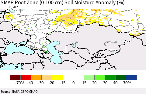 Russian Federation SMAP Root Zone (0-100 cm) Soil Moisture Anomaly (%) Thematic Map For 7/26/2023 - 7/31/2023