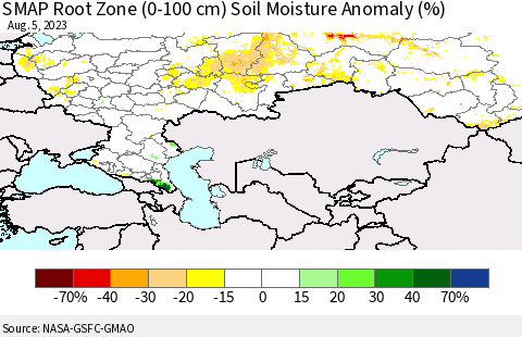 Russian Federation SMAP Root Zone (0-100 cm) Soil Moisture Anomaly (%) Thematic Map For 8/1/2023 - 8/5/2023