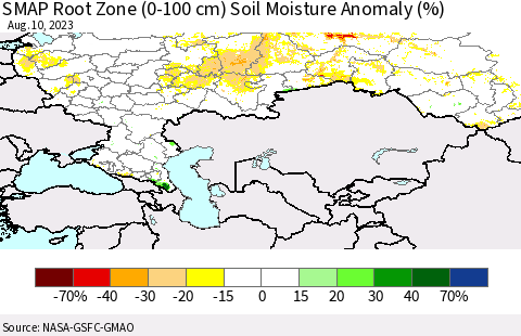 Russian Federation SMAP Root Zone (0-100 cm) Soil Moisture Anomaly (%) Thematic Map For 8/6/2023 - 8/10/2023