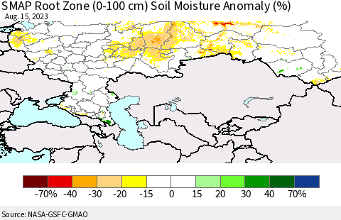 Russian Federation SMAP Root Zone (0-100 cm) Soil Moisture Anomaly (%) Thematic Map For 8/11/2023 - 8/15/2023