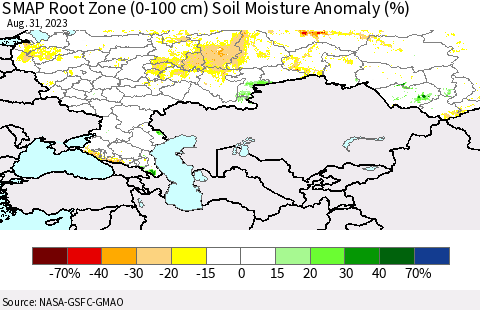 Russian Federation SMAP Root Zone (0-100 cm) Soil Moisture Anomaly (%) Thematic Map For 8/26/2023 - 8/31/2023