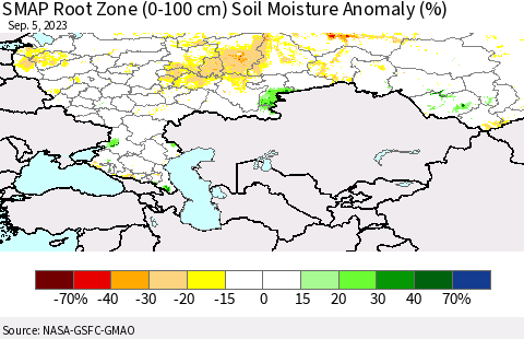 Russian Federation SMAP Root Zone (0-100 cm) Soil Moisture Anomaly (%) Thematic Map For 9/1/2023 - 9/5/2023
