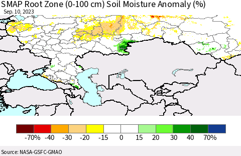 Russian Federation SMAP Root Zone (0-100 cm) Soil Moisture Anomaly (%) Thematic Map For 9/6/2023 - 9/10/2023