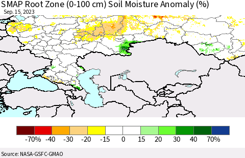 Russian Federation SMAP Root Zone (0-100 cm) Soil Moisture Anomaly (%) Thematic Map For 9/11/2023 - 9/15/2023