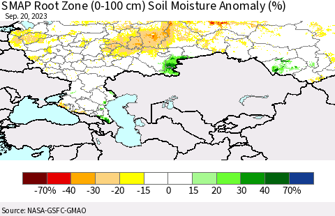 Russian Federation SMAP Root Zone (0-100 cm) Soil Moisture Anomaly (%) Thematic Map For 9/16/2023 - 9/20/2023