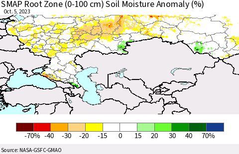 Russian Federation SMAP Root Zone (0-100 cm) Soil Moisture Anomaly (%) Thematic Map For 10/1/2023 - 10/5/2023