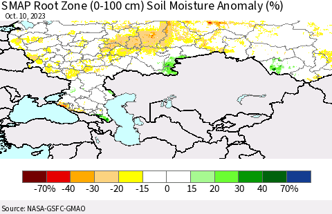 Russian Federation SMAP Root Zone (0-100 cm) Soil Moisture Anomaly (%) Thematic Map For 10/6/2023 - 10/10/2023