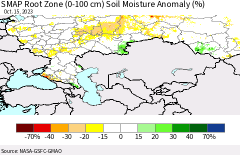 Russian Federation SMAP Root Zone (0-100 cm) Soil Moisture Anomaly (%) Thematic Map For 10/11/2023 - 10/15/2023