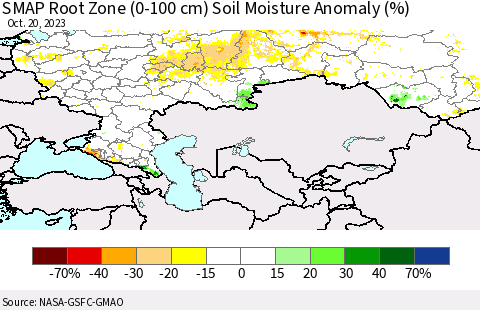 Russian Federation SMAP Root Zone (0-100 cm) Soil Moisture Anomaly (%) Thematic Map For 10/16/2023 - 10/20/2023