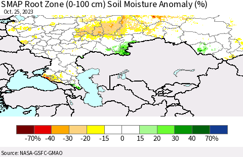 Russian Federation SMAP Root Zone (0-100 cm) Soil Moisture Anomaly (%) Thematic Map For 10/21/2023 - 10/25/2023