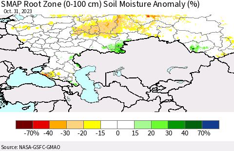 Russian Federation SMAP Root Zone (0-100 cm) Soil Moisture Anomaly (%) Thematic Map For 10/26/2023 - 10/31/2023