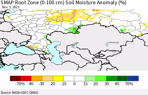 Russian Federation SMAP Root Zone (0-100 cm) Soil Moisture Anomaly (%) Thematic Map For 11/1/2023 - 11/5/2023
