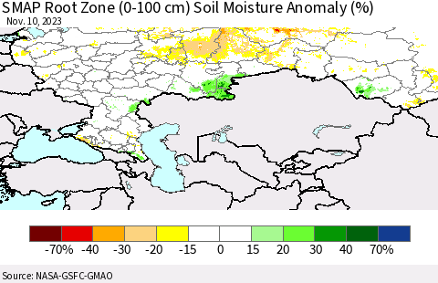 Russian Federation SMAP Root Zone (0-100 cm) Soil Moisture Anomaly (%) Thematic Map For 11/6/2023 - 11/10/2023