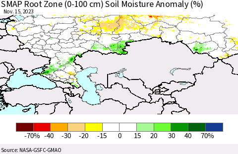 Russian Federation SMAP Root Zone (0-100 cm) Soil Moisture Anomaly (%) Thematic Map For 11/11/2023 - 11/15/2023