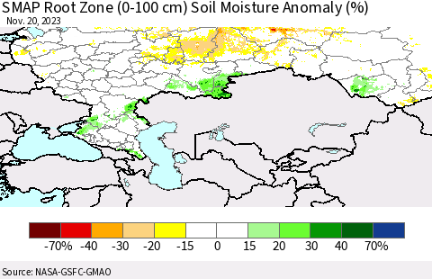Russian Federation SMAP Root Zone (0-100 cm) Soil Moisture Anomaly (%) Thematic Map For 11/16/2023 - 11/20/2023