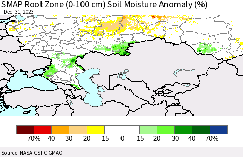 Russian Federation SMAP Root Zone (0-100 cm) Soil Moisture Anomaly (%) Thematic Map For 12/26/2023 - 12/31/2023
