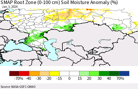 Russian Federation SMAP Root Zone (0-100 cm) Soil Moisture Anomaly (%) Thematic Map For 1/1/2024 - 1/5/2024