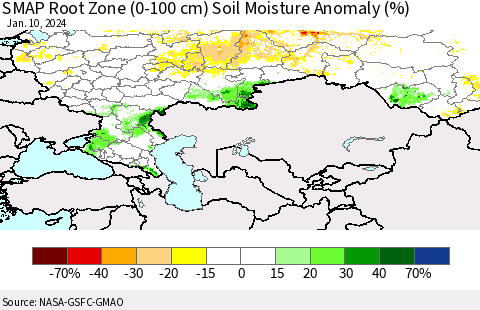 Russian Federation SMAP Root Zone (0-100 cm) Soil Moisture Anomaly (%) Thematic Map For 1/6/2024 - 1/10/2024