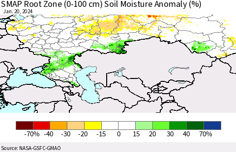 Russian Federation SMAP Root Zone (0-100 cm) Soil Moisture Anomaly (%) Thematic Map For 1/16/2024 - 1/20/2024