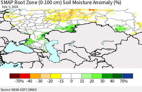 Russian Federation SMAP Root Zone (0-100 cm) Soil Moisture Anomaly (%) Thematic Map For 2/1/2024 - 2/5/2024