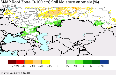 Russian Federation SMAP Root Zone (0-100 cm) Soil Moisture Anomaly (%) Thematic Map For 2/6/2024 - 2/10/2024