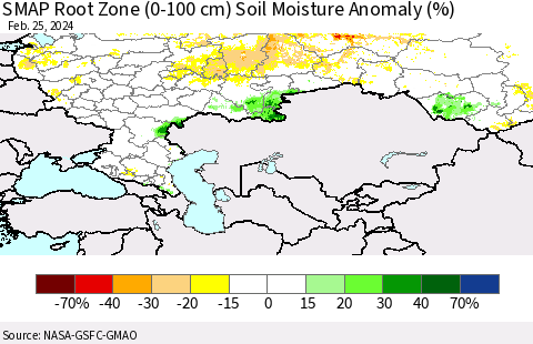 Russian Federation SMAP Root Zone (0-100 cm) Soil Moisture Anomaly (%) Thematic Map For 2/21/2024 - 2/25/2024