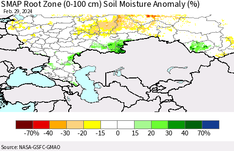 Russian Federation SMAP Root Zone (0-100 cm) Soil Moisture Anomaly (%) Thematic Map For 2/26/2024 - 2/29/2024
