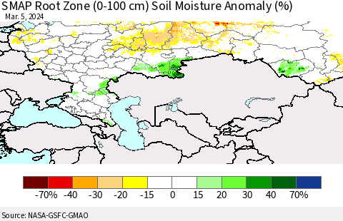 Russian Federation SMAP Root Zone (0-100 cm) Soil Moisture Anomaly (%) Thematic Map For 3/1/2024 - 3/5/2024