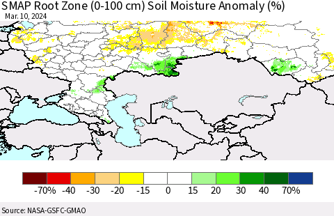Russian Federation SMAP Root Zone (0-100 cm) Soil Moisture Anomaly (%) Thematic Map For 3/6/2024 - 3/10/2024