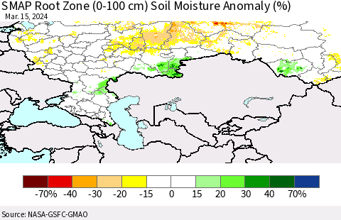 Russian Federation SMAP Root Zone (0-100 cm) Soil Moisture Anomaly (%) Thematic Map For 3/11/2024 - 3/15/2024