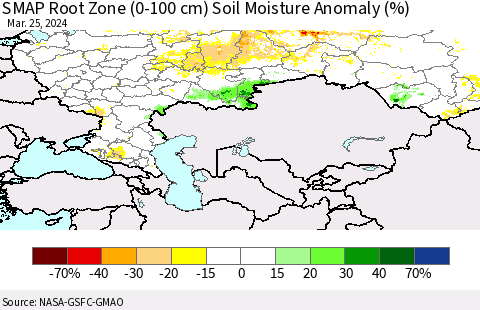Russian Federation SMAP Root Zone (0-100 cm) Soil Moisture Anomaly (%) Thematic Map For 3/21/2024 - 3/25/2024