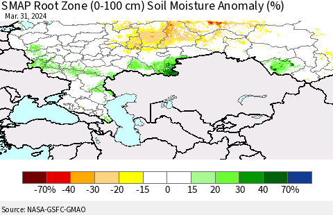 Russian Federation SMAP Root Zone (0-100 cm) Soil Moisture Anomaly (%) Thematic Map For 3/26/2024 - 3/31/2024