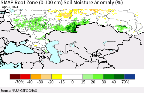 Russian Federation SMAP Root Zone (0-100 cm) Soil Moisture Anomaly (%) Thematic Map For 4/1/2024 - 4/5/2024