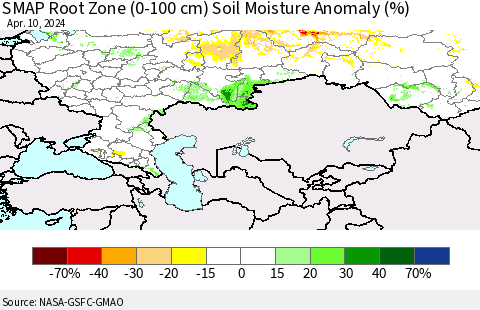 Russian Federation SMAP Root Zone (0-100 cm) Soil Moisture Anomaly (%) Thematic Map For 4/6/2024 - 4/10/2024