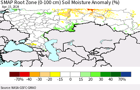 Russian Federation SMAP Root Zone (0-100 cm) Soil Moisture Anomaly (%) Thematic Map For 4/11/2024 - 4/15/2024