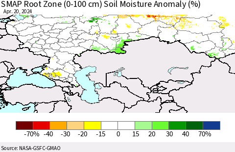 Russian Federation SMAP Root Zone (0-100 cm) Soil Moisture Anomaly (%) Thematic Map For 4/16/2024 - 4/20/2024