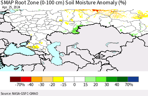 Russian Federation SMAP Root Zone (0-100 cm) Soil Moisture Anomaly (%) Thematic Map For 4/21/2024 - 4/25/2024