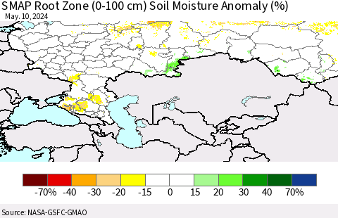 Russian Federation SMAP Root Zone (0-100 cm) Soil Moisture Anomaly (%) Thematic Map For 5/6/2024 - 5/10/2024