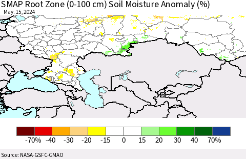 Russian Federation SMAP Root Zone (0-100 cm) Soil Moisture Anomaly (%) Thematic Map For 5/11/2024 - 5/15/2024