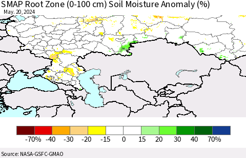 Russian Federation SMAP Root Zone (0-100 cm) Soil Moisture Anomaly (%) Thematic Map For 5/16/2024 - 5/20/2024