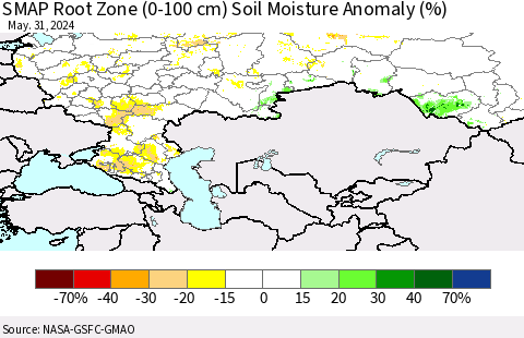 Russian Federation SMAP Root Zone (0-100 cm) Soil Moisture Anomaly (%) Thematic Map For 5/26/2024 - 5/31/2024
