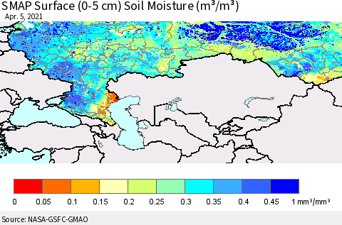Russian Federation SMAP Surface (0-5 cm) Soil Moisture (m³/m³) Thematic Map For 4/1/2021 - 4/5/2021