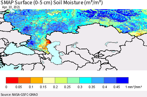 Russian Federation SMAP Surface (0-5 cm) Soil Moisture (m³/m³) Thematic Map For 4/6/2021 - 4/10/2021