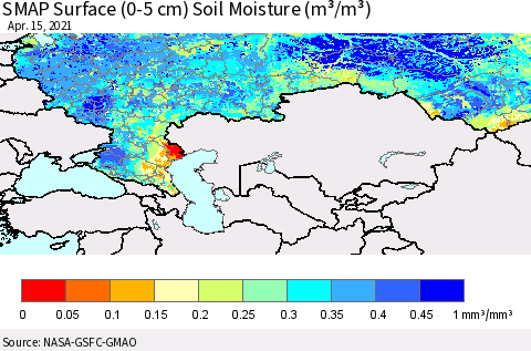 Russian Federation SMAP Surface (0-5 cm) Soil Moisture (m³/m³) Thematic Map For 4/11/2021 - 4/15/2021
