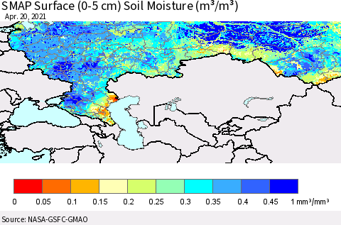 Russian Federation SMAP Surface (0-5 cm) Soil Moisture (m³/m³) Thematic Map For 4/16/2021 - 4/20/2021