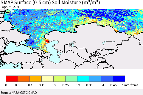 Russian Federation SMAP Surface (0-5 cm) Soil Moisture (m³/m³) Thematic Map For 4/21/2021 - 4/25/2021