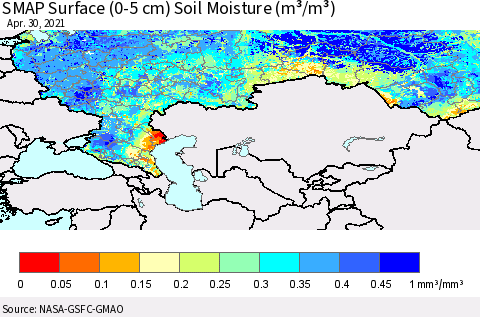 Russian Federation SMAP Surface (0-5 cm) Soil Moisture (m³/m³) Thematic Map For 4/26/2021 - 4/30/2021